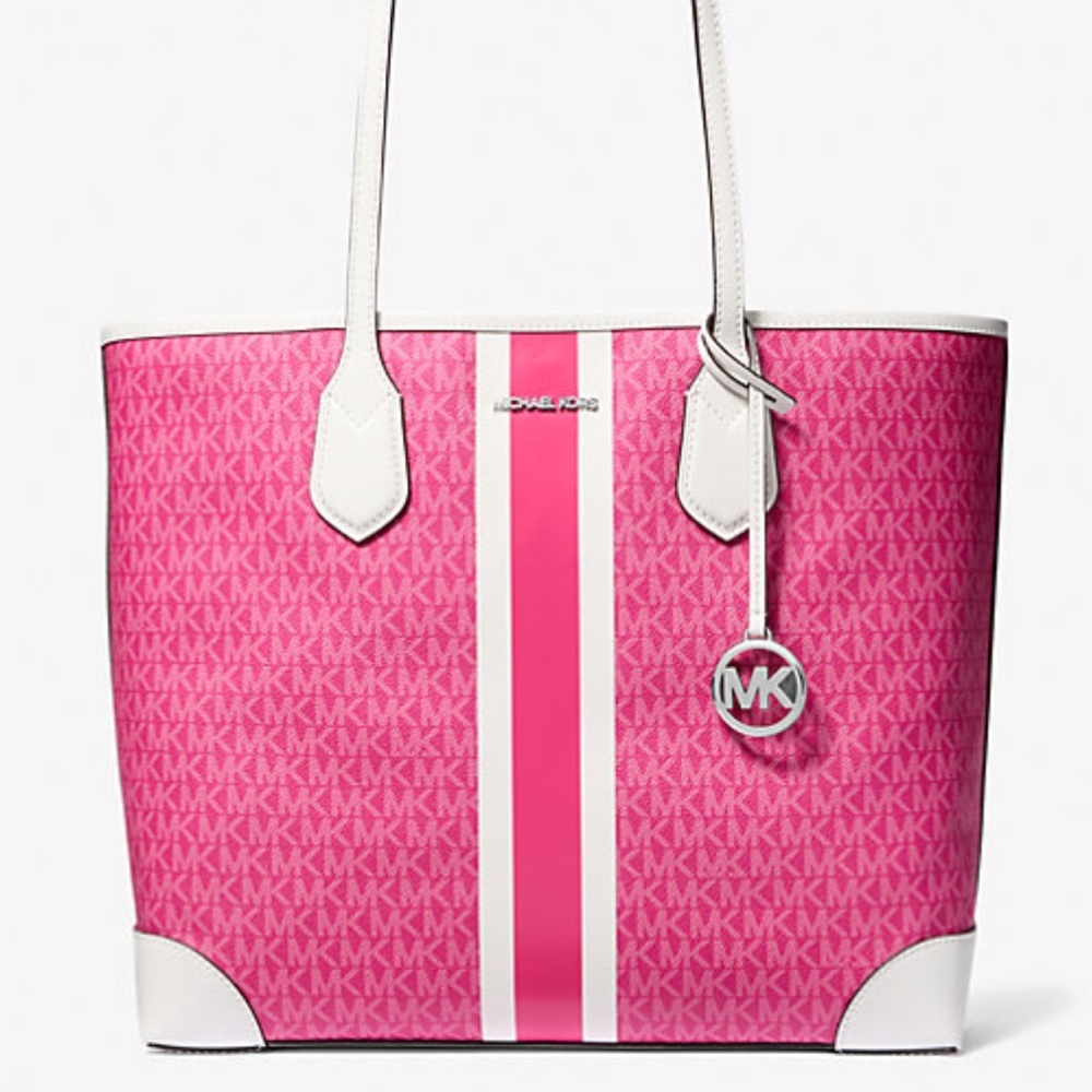 Michael Kors Eva Large Signature Logo Stripe Shoulder Tote Bag Dragonfruit 
NWT